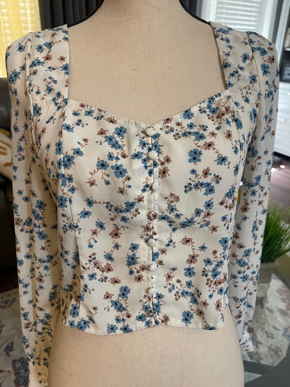 Love Tree Cream Floral Square-Neck Button Front Blouse